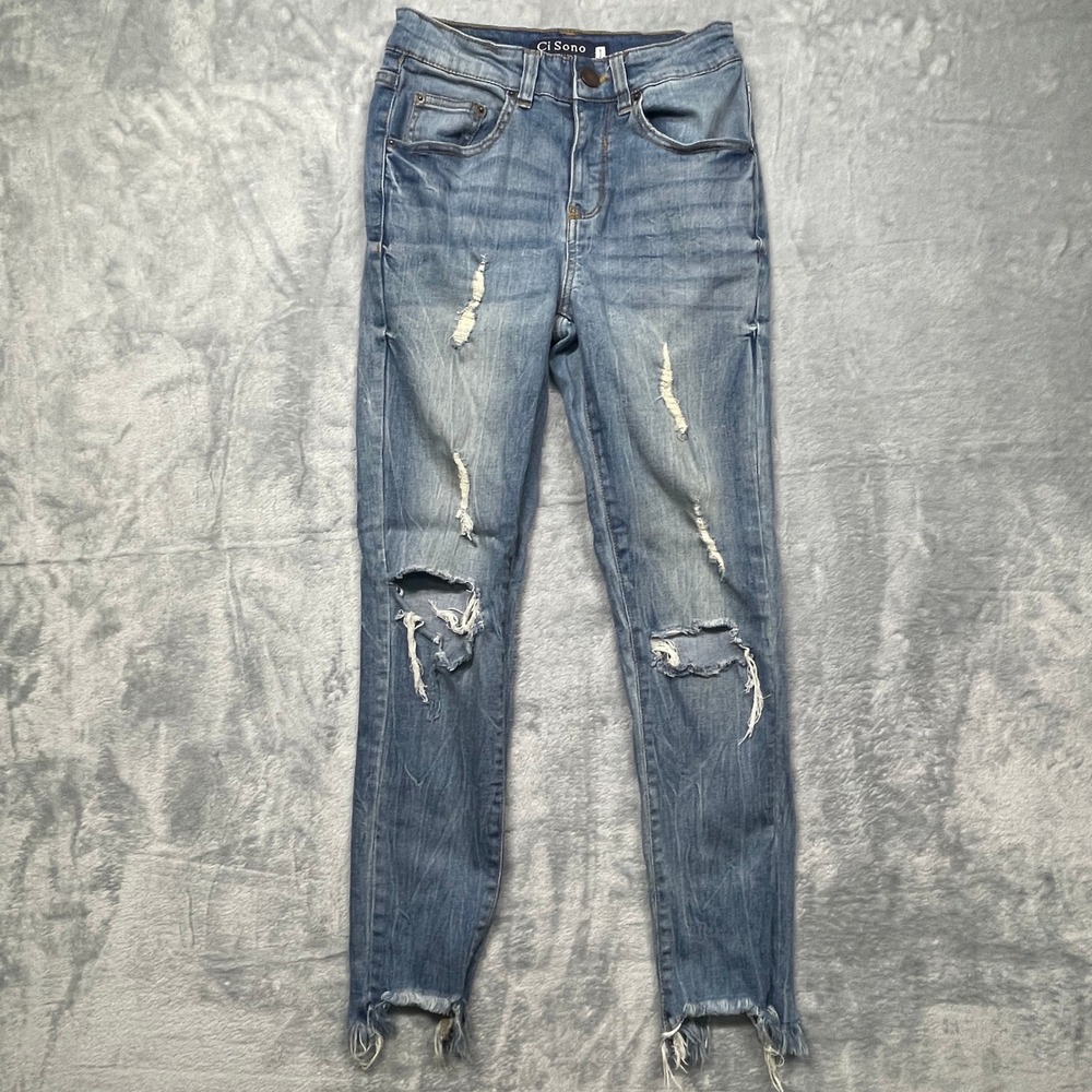 Ci Sono Skinny Jeans Womens Light Wash Distressed Frayed Step Hem Size 1/25